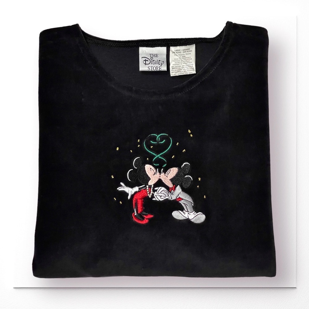 Rare! Vintage 90s Disney Store Velvet Top Long Sleeve Embroidery Mickey & Minnie